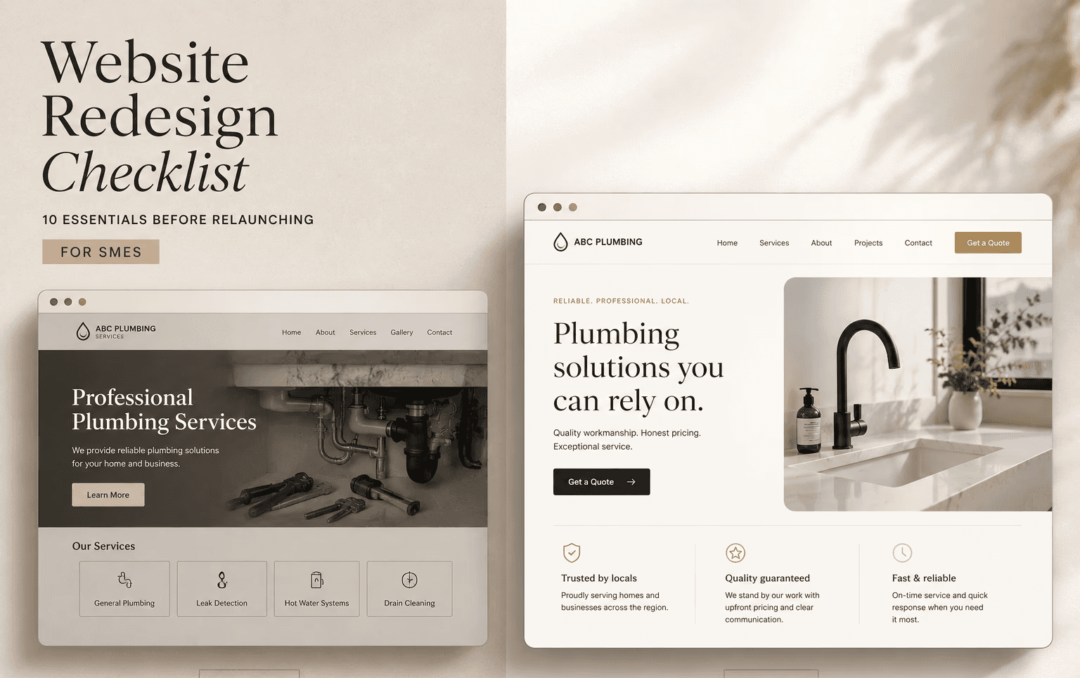 Before and after business website redesign visual for SME website redesign checklist