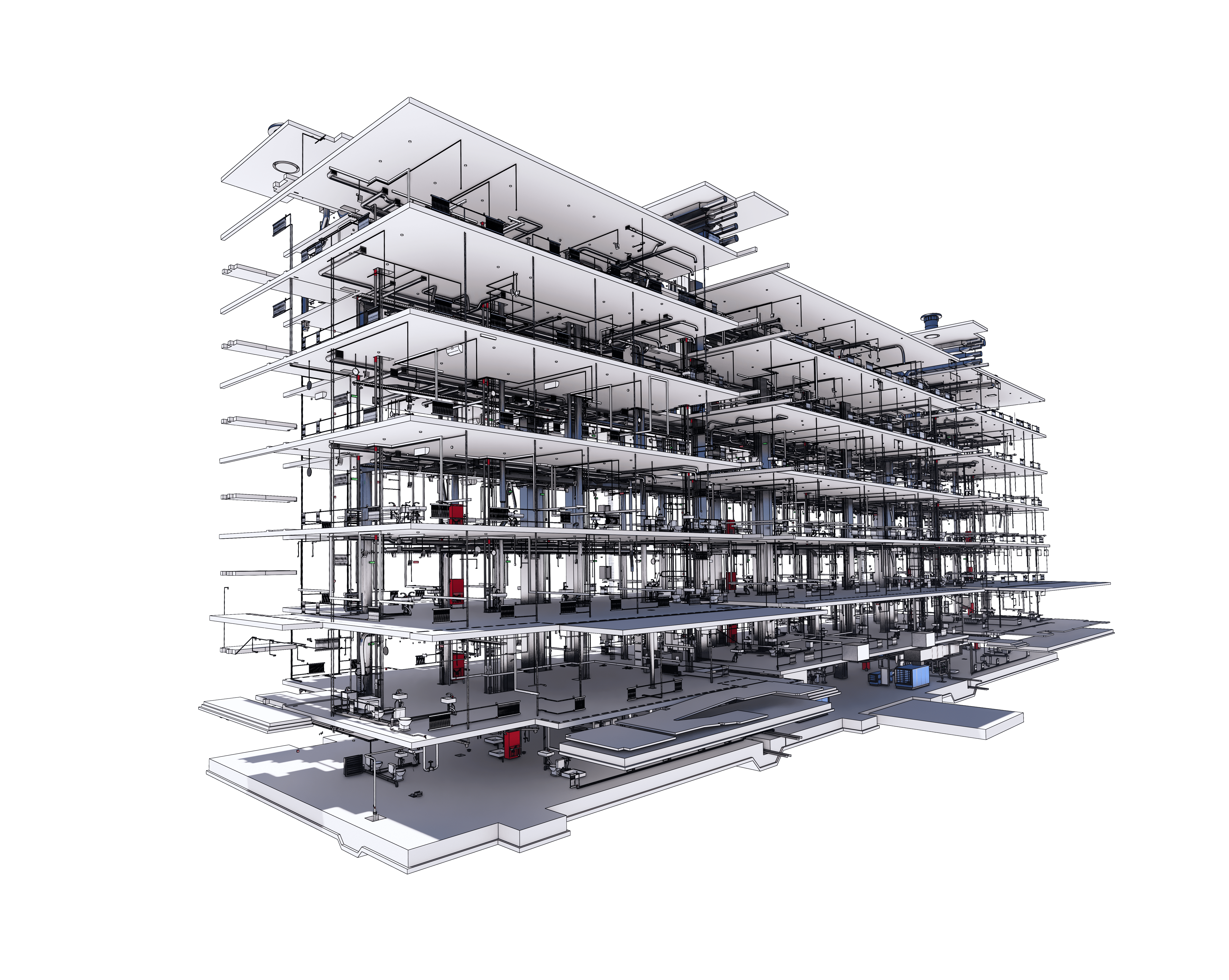 BIM-Modell eines Gebäudes mit ausgeblendeter Fassade
