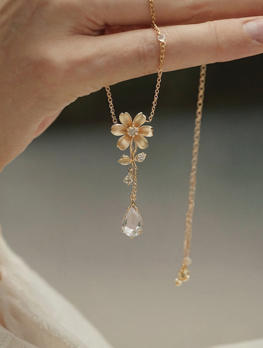 Elegant gold necklace with a floral pendant and teardrop crystal, held by a hand against a softly blurred background.