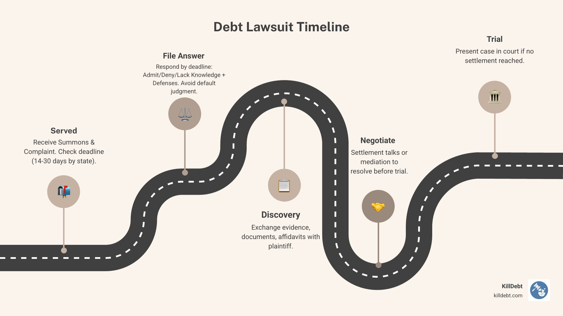 Debt lawsuit timeline: served, deadline, file answer, discovery, settlement or trial - sample answer to debt collection