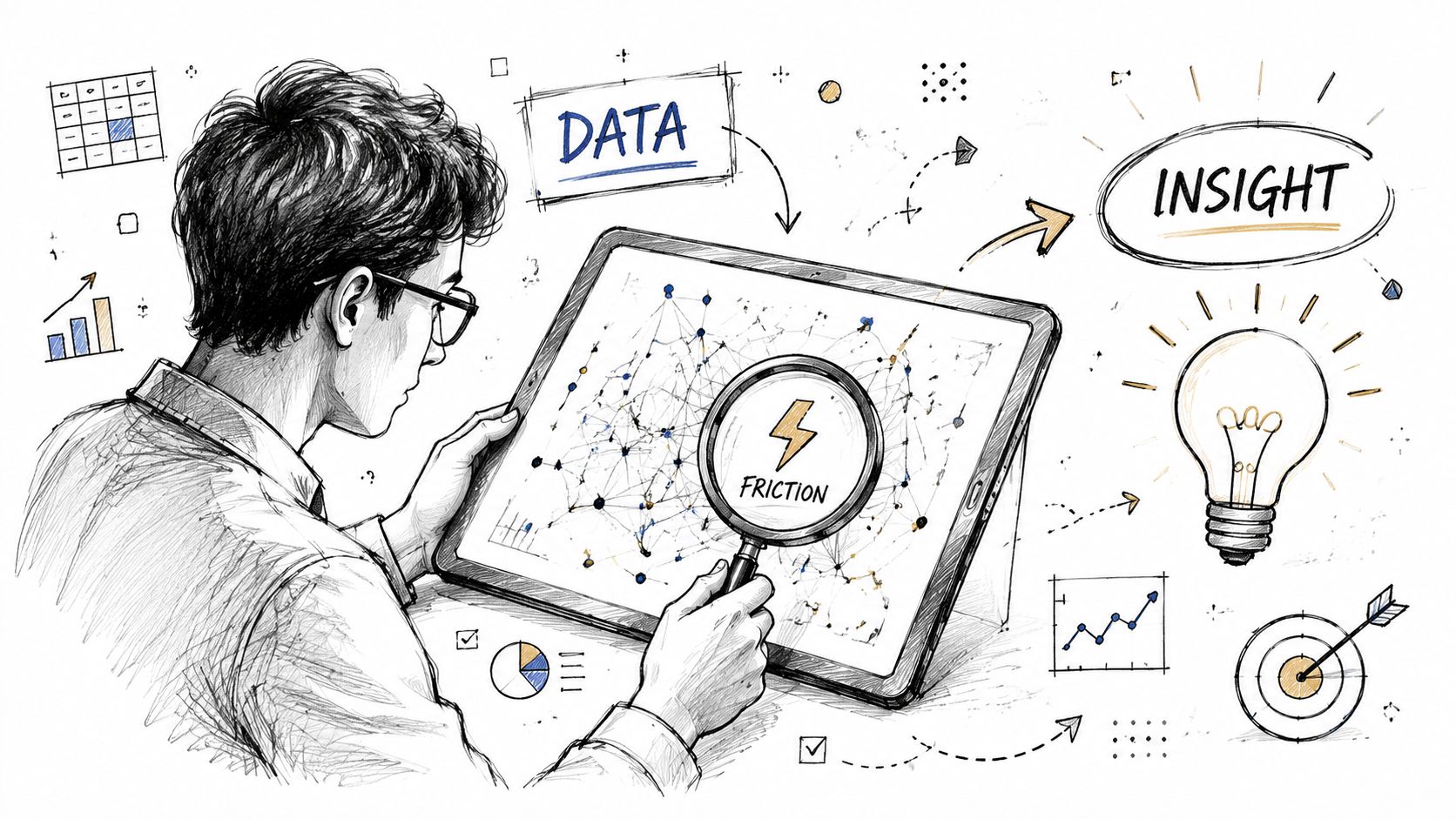 A digital sketch of a researcher examining a network map on a tablet for friction points.