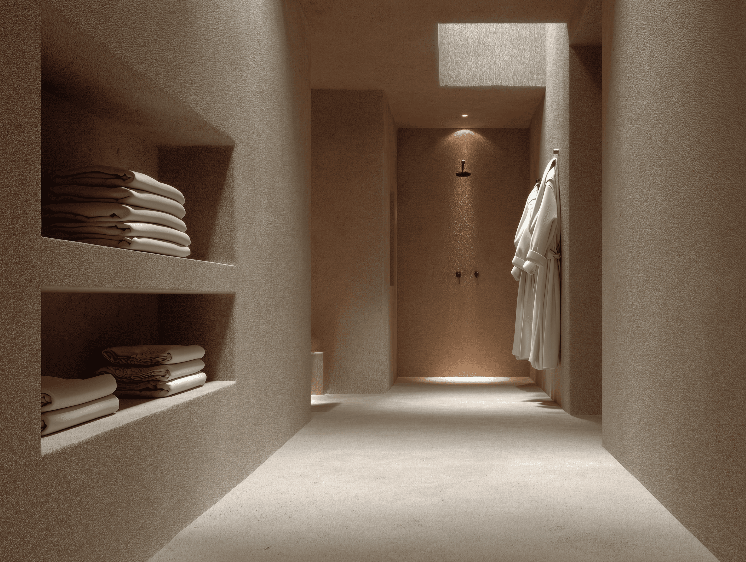 Spa changing corridor in tonal plaster with built-in open shelving stacked with white towels, hanging robes, and a rain shower visible at the end of the passage