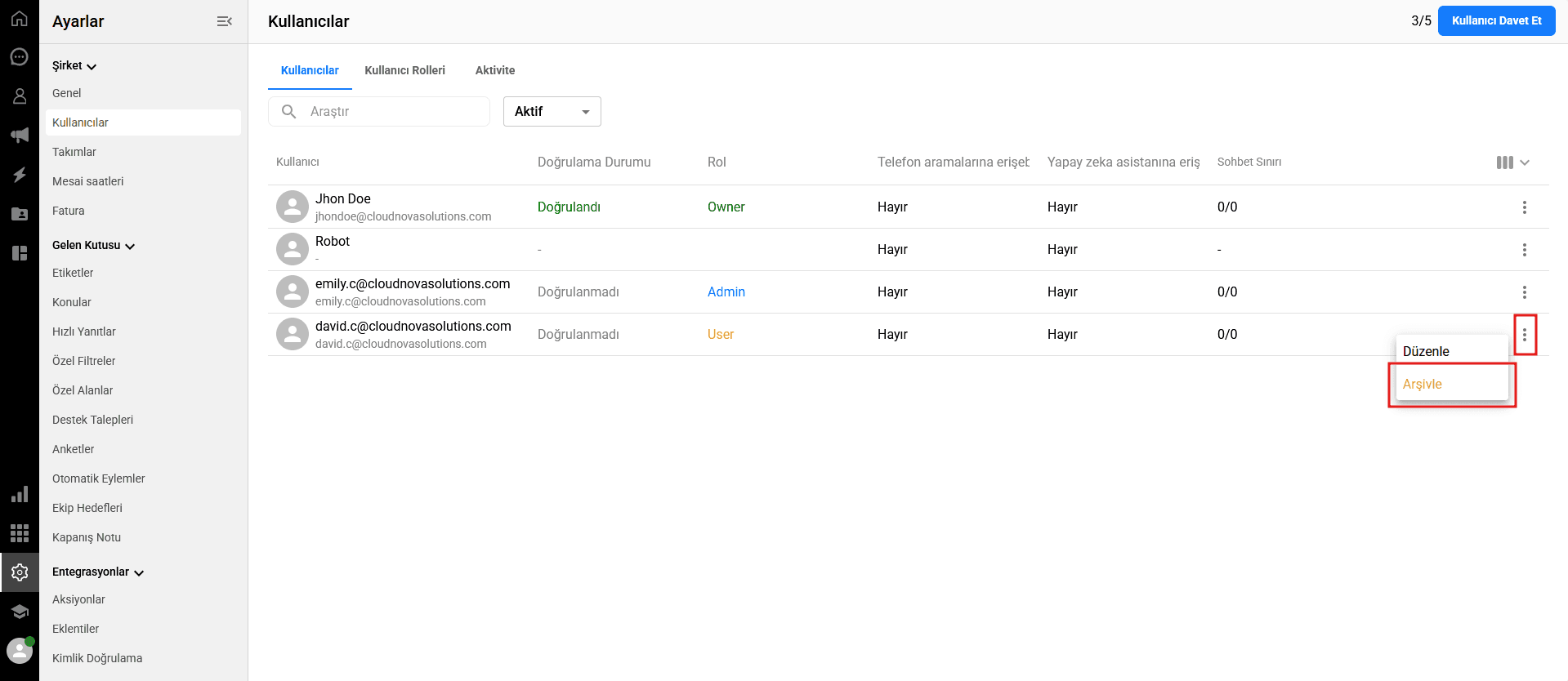A screenshot of the Users list in Qpien, showing the three-dot action menu expanded with the 'Archive' option highlighted
