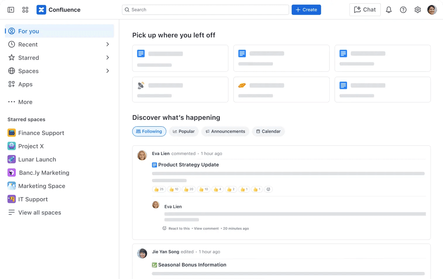 A screenshot of the Confluence home page
