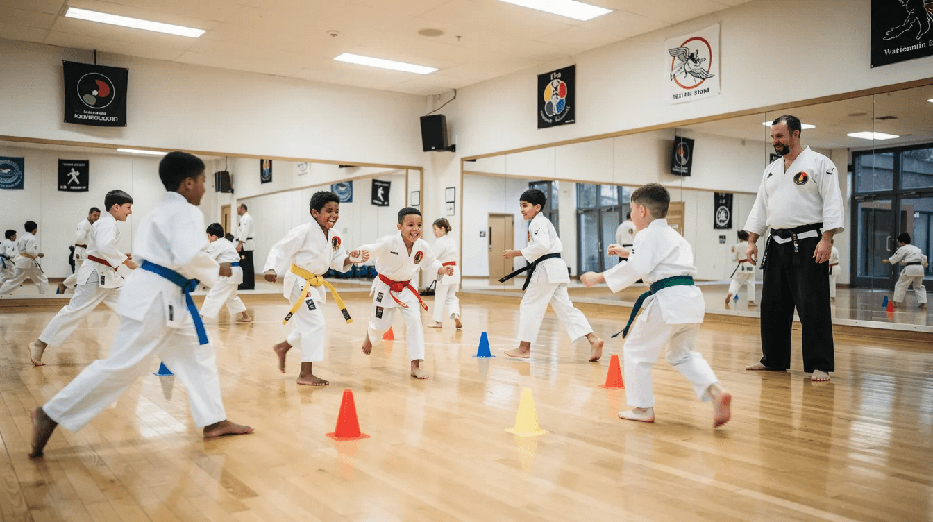 A group of children in martial arts uniforms is engaged in a warm-up game inside a dojo, performing various exercises such as jumping jacks and dynamic stretching to prepare their bodies for training. The atmosphere is lively as they focus on proper technique and movements to enhance their athletic performance and prevent injury.