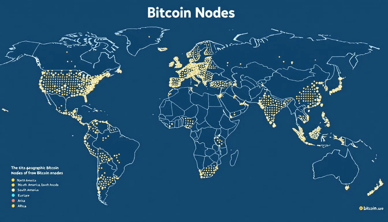 The image depicts a world map illustrating the geographic distribution of bitcoin nodes, highlighting areas with varying concentrations of full nodes, light nodes, and mining nodes across different continents. This visualization emphasizes the global reach of the bitcoin network and the importance of nodes in validating transactions and maintaining the integrity of the bitcoin blockchain.