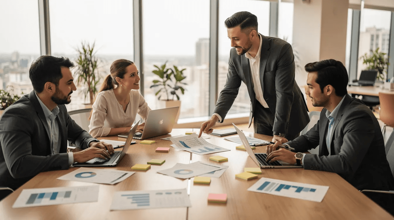Un grupo de personas colabora alrededor de una mesa en un espacio de trabajo luminoso, utilizando laptops y documentos de planificación. Están discutiendo estrategias de marketing y creando contenido para mejorar su presencia en redes sociales y atraer a su público objetivo.