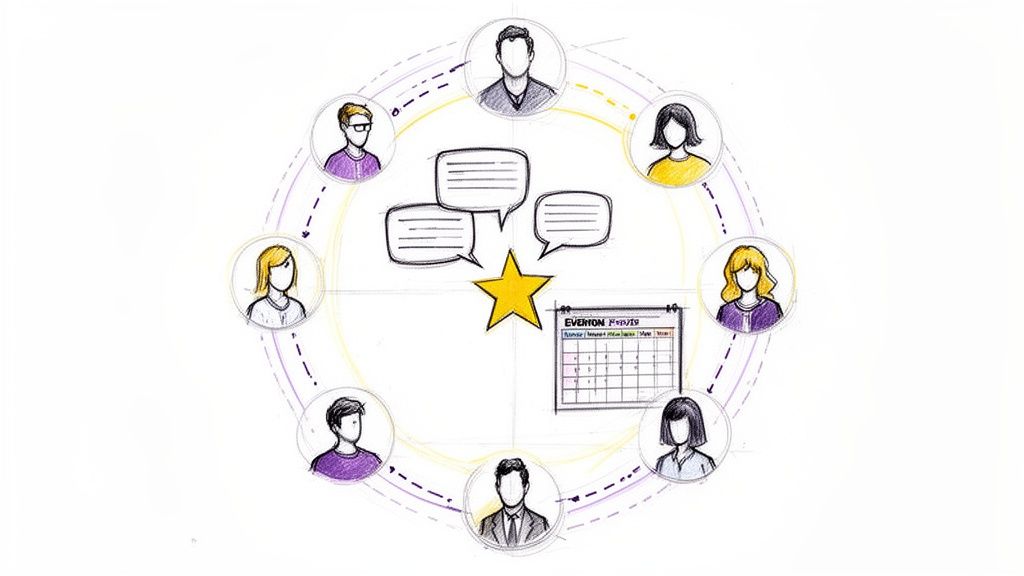 Illustration of a team collaborating with speech bubbles, a star, and a calendar, representing communication and goals.