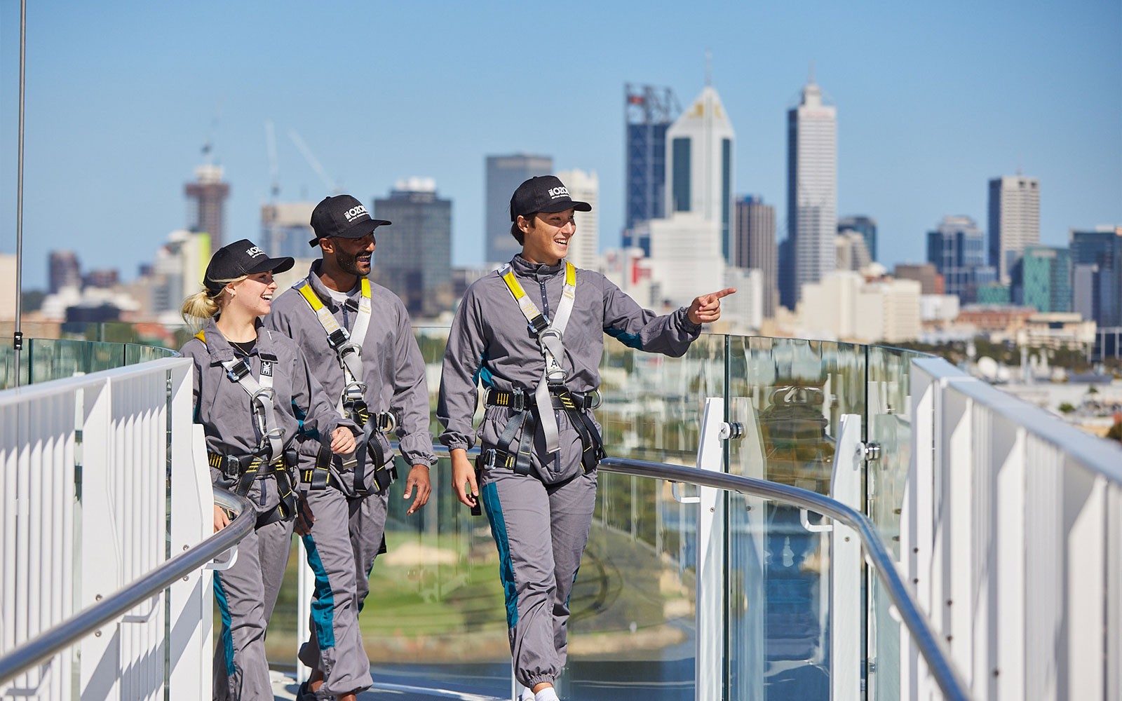 Visitors on Optus Stadium Vertigo tour overlooking Perth skyline.