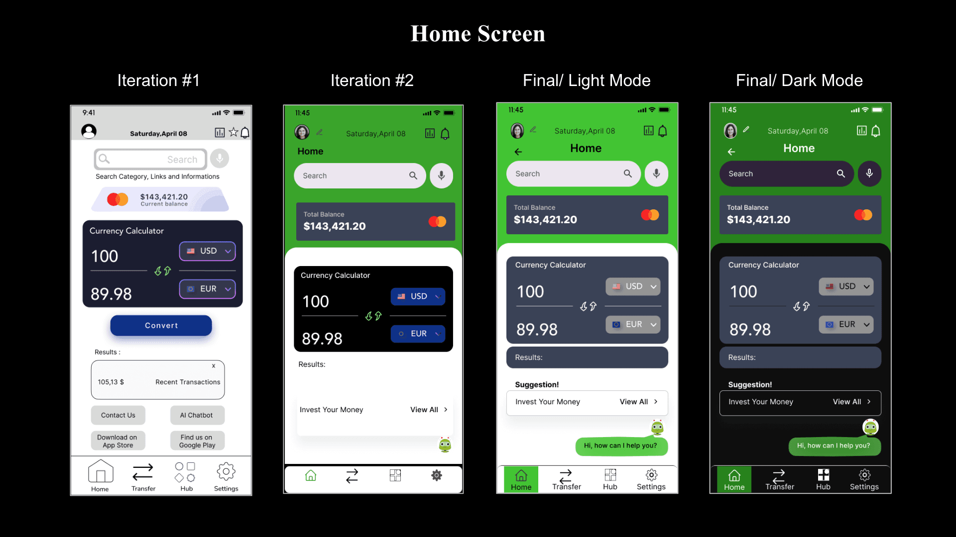 Home screen design iterations — from first wireframe to final UI