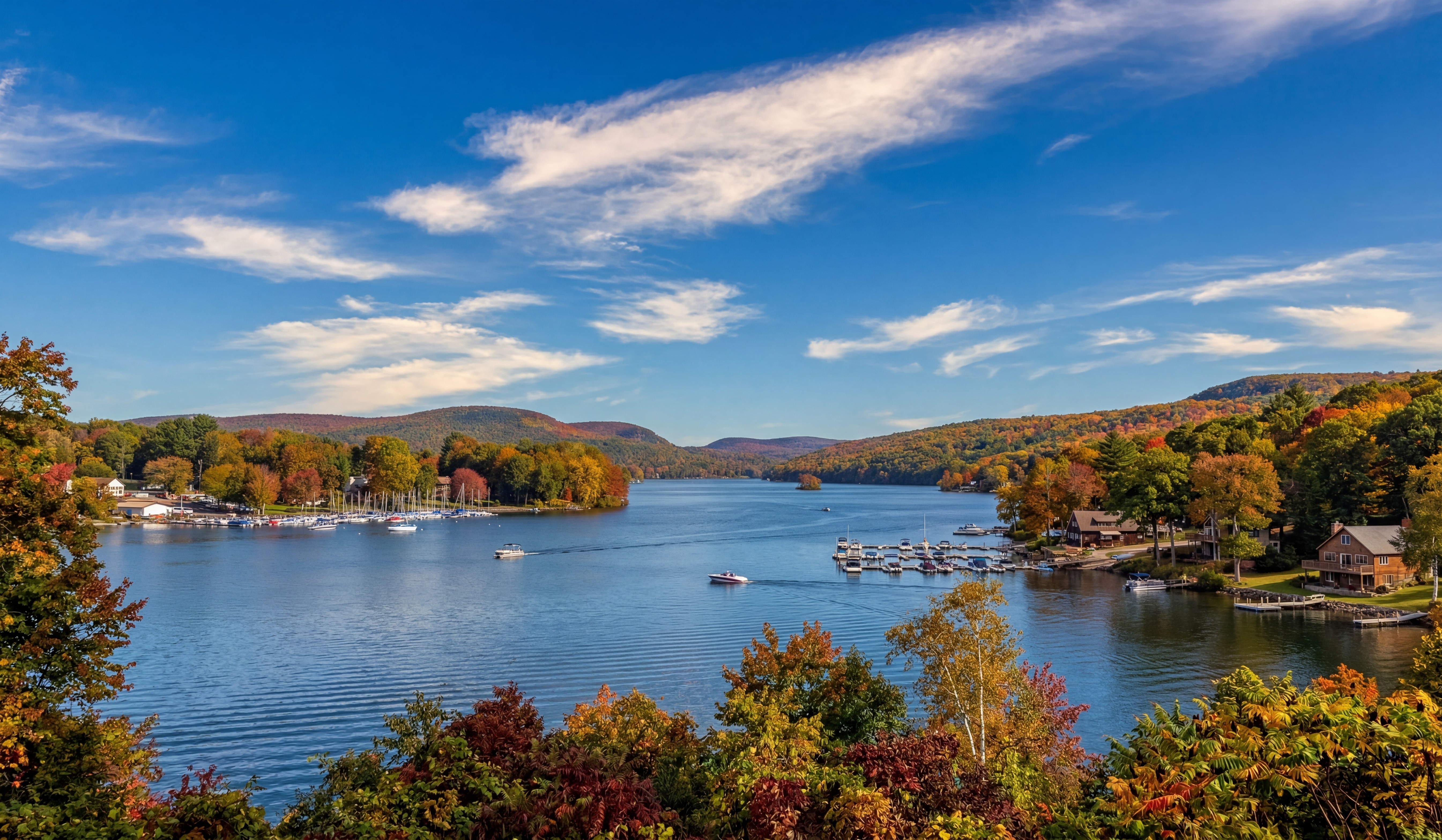 Scenic view of a lake with views of boats and homes on the lake
