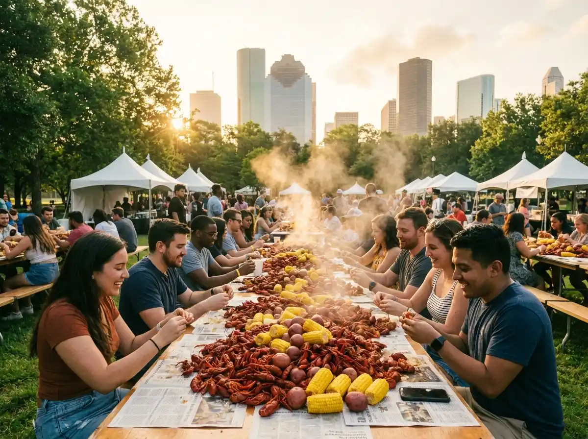 A sunny outdoor food festival scene at Guadalupe Plaza Park in Houston, showing long communal tables covered in newspapers and piled high with bright red boiled crawfish, corn, and potatoes, with people eating and laughing in the background
