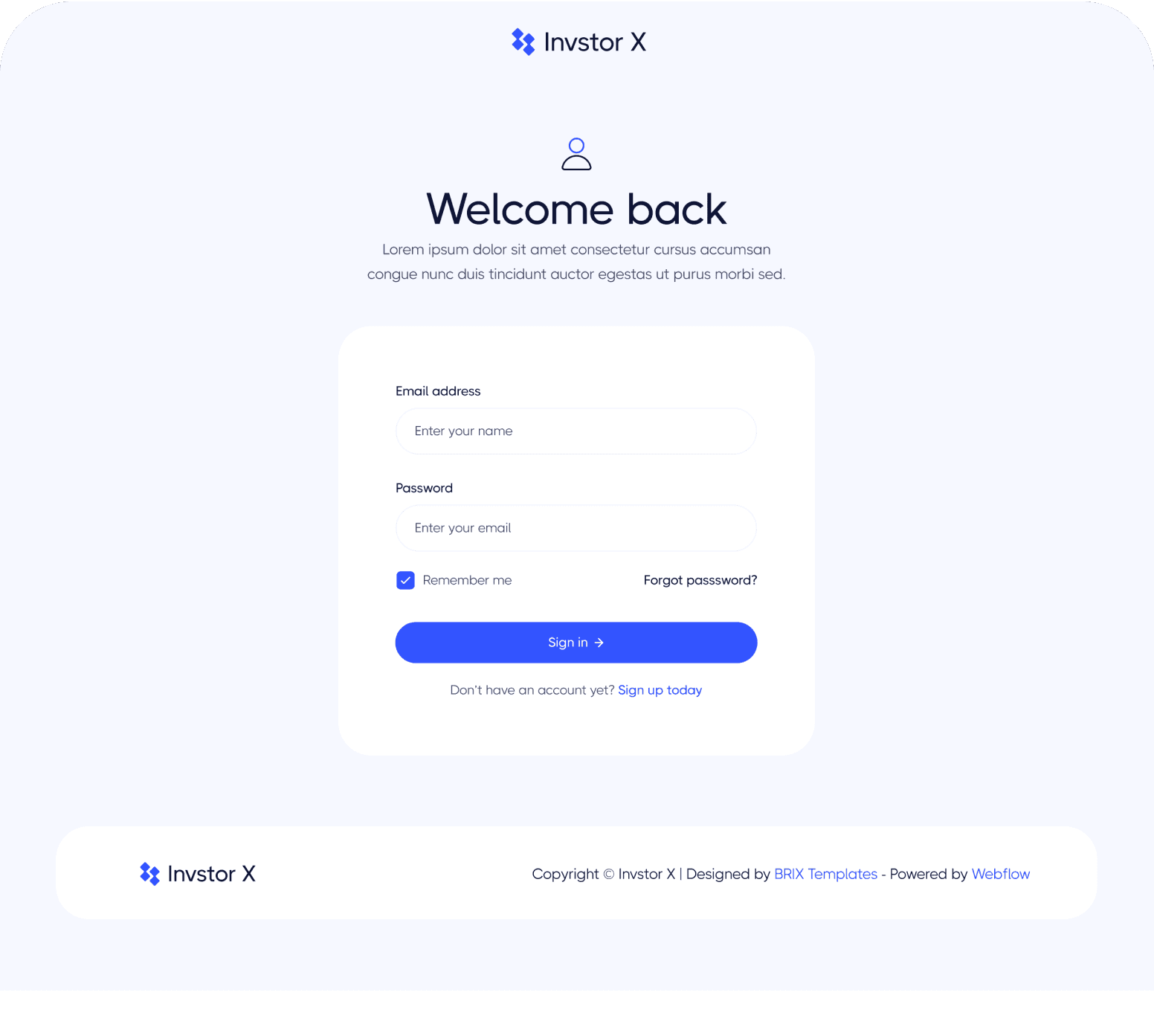Invstor X - Sign In Utility Page - Investment Firm Framer Template
