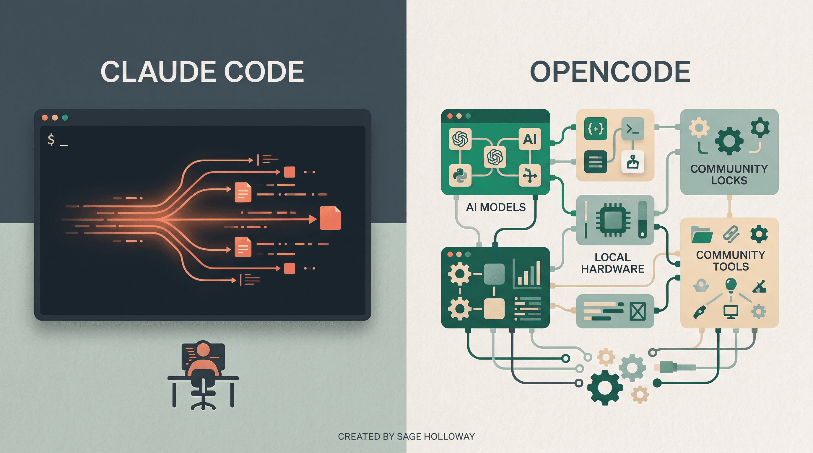 Editorial illustration comparing Claude Code managed terminal agent with OpenCode open source multi-model CLI