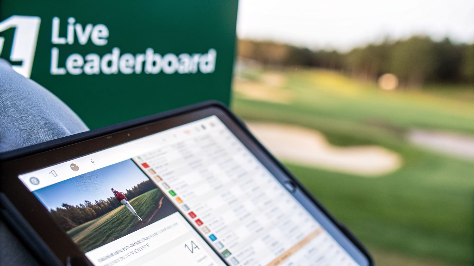 A person views golf scores on a tablet with a live leaderboard sign and golf course in the background.