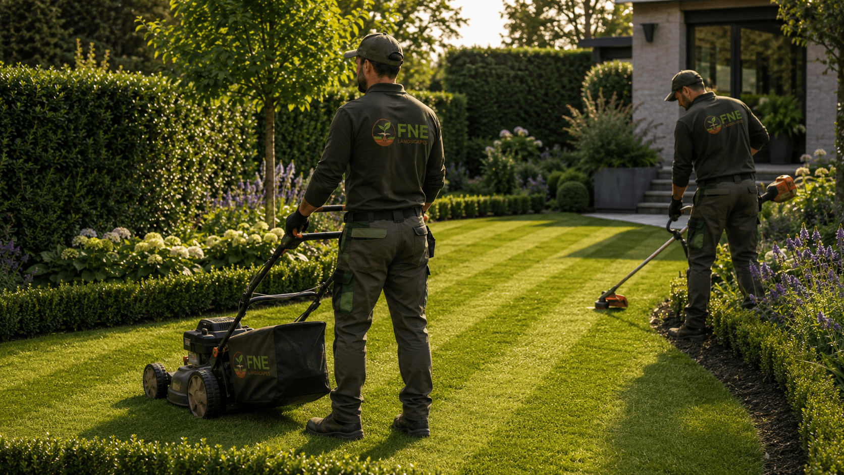 a man using a lawn mower to cut grass