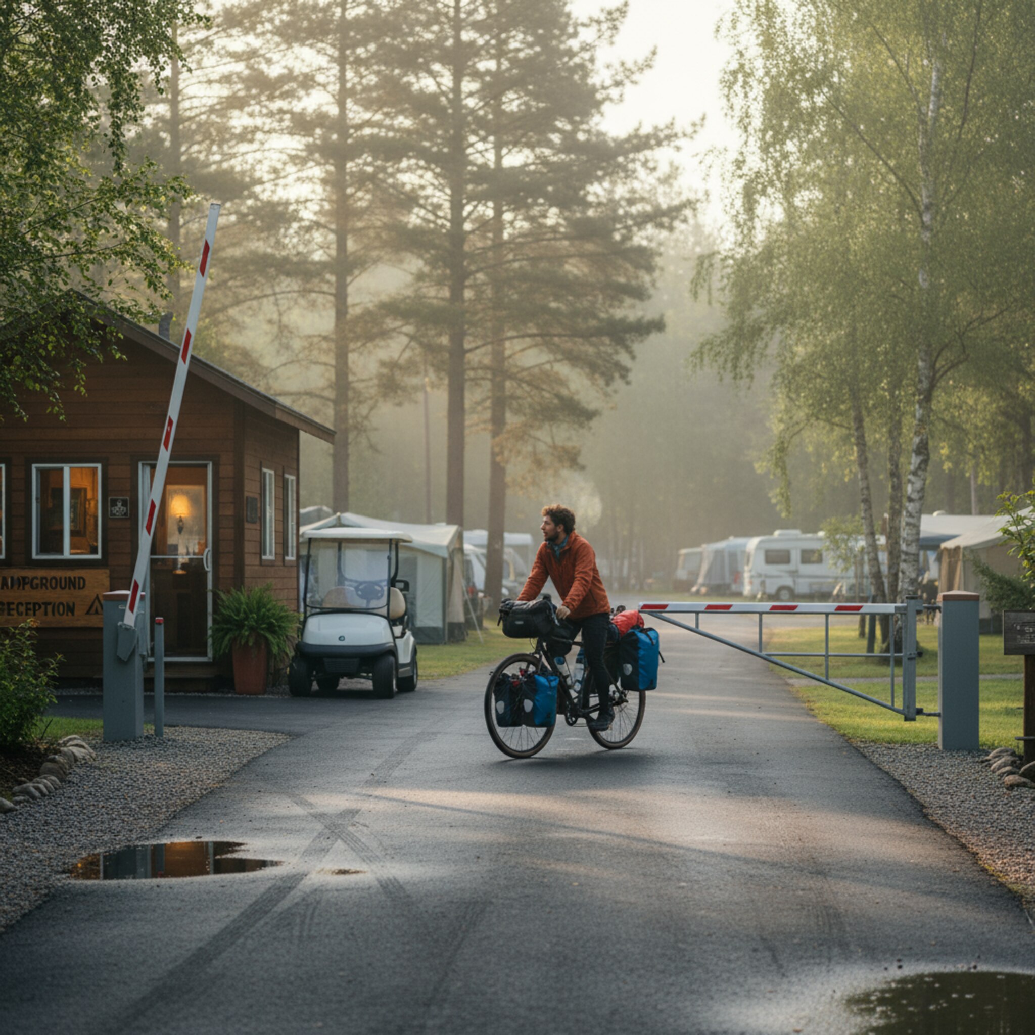 Früher Morgen an der Einfahrt eines Platzes. Eine Schranke steht offen, Tau liegt auf dem Asphalt, und ein Radfahrer rollt mit Packtaschen gemächlich vorbei. Nebel hängt zwischen den Bäumen, die Rezeption erwacht langsam. Die Szene wirkt ruhig und geordnet, bereit für ankommende Gäste.