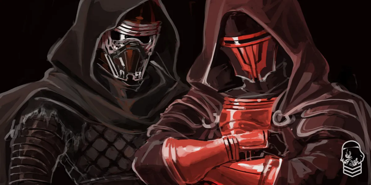 Fan art of Kylo Ren and Darth Revan standing side by side wearing their trademark masks and robes