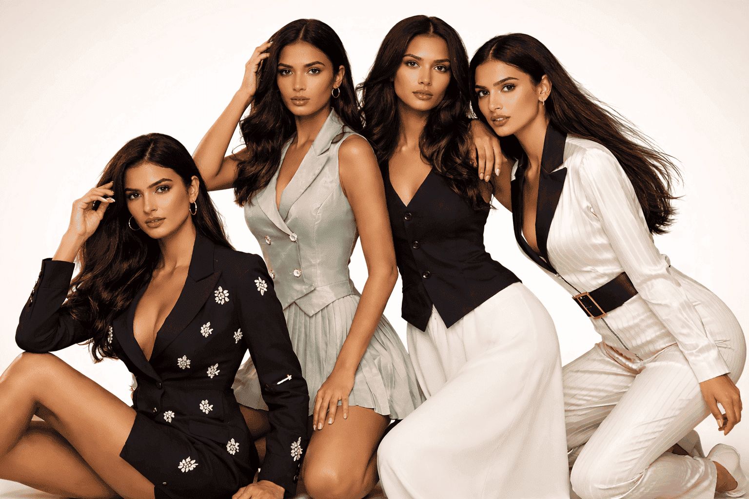 Four diverse AI-generated fashion models in premium outfits — ModelSnapper AI fashion studio