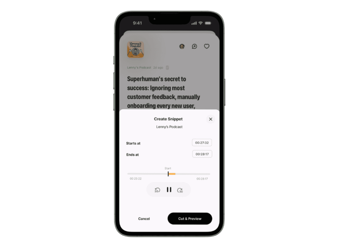 Snippet sheet showing the minutes around the moment the user tapped Share