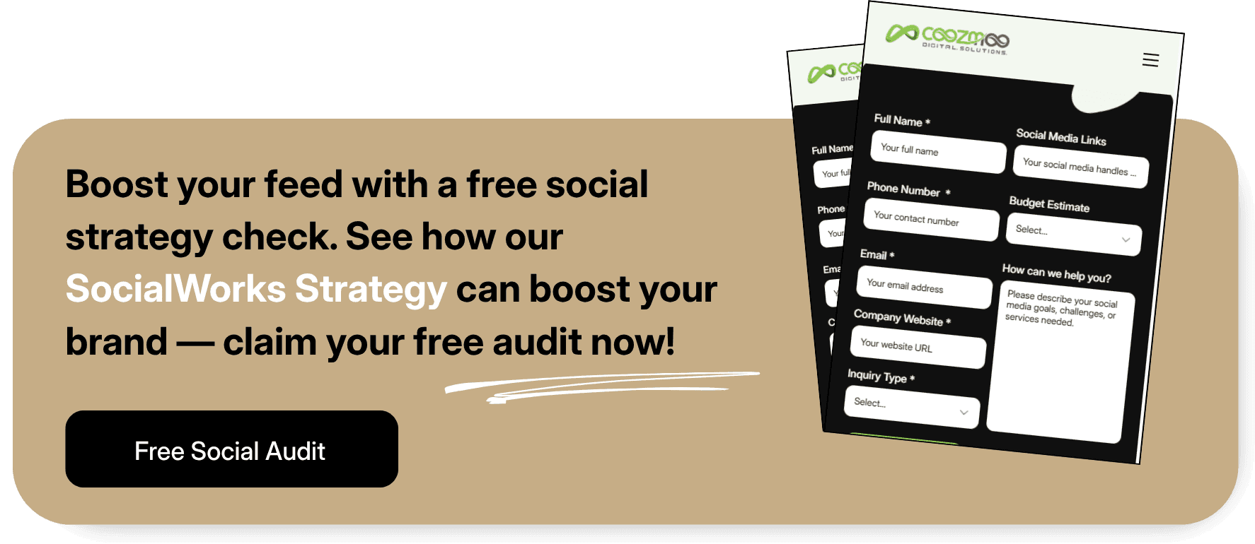 CTA banner offering a Free Social Audit with a "Free Social Audit" button.