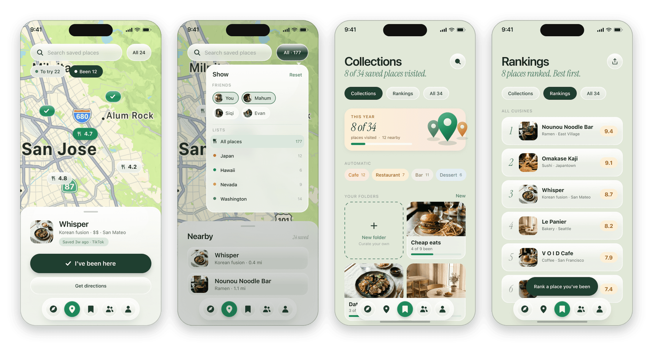NextBite map, collections and rankings screens cutout
