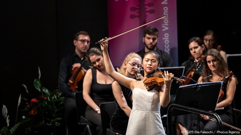 Empty historic lecture hall with curved wooden seating and a classical painting on the wall