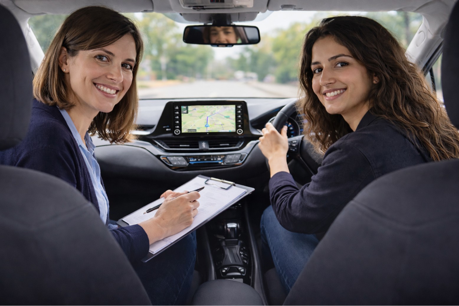 Female driving instructor and learner smiling during an automatic driving lesson inside a car