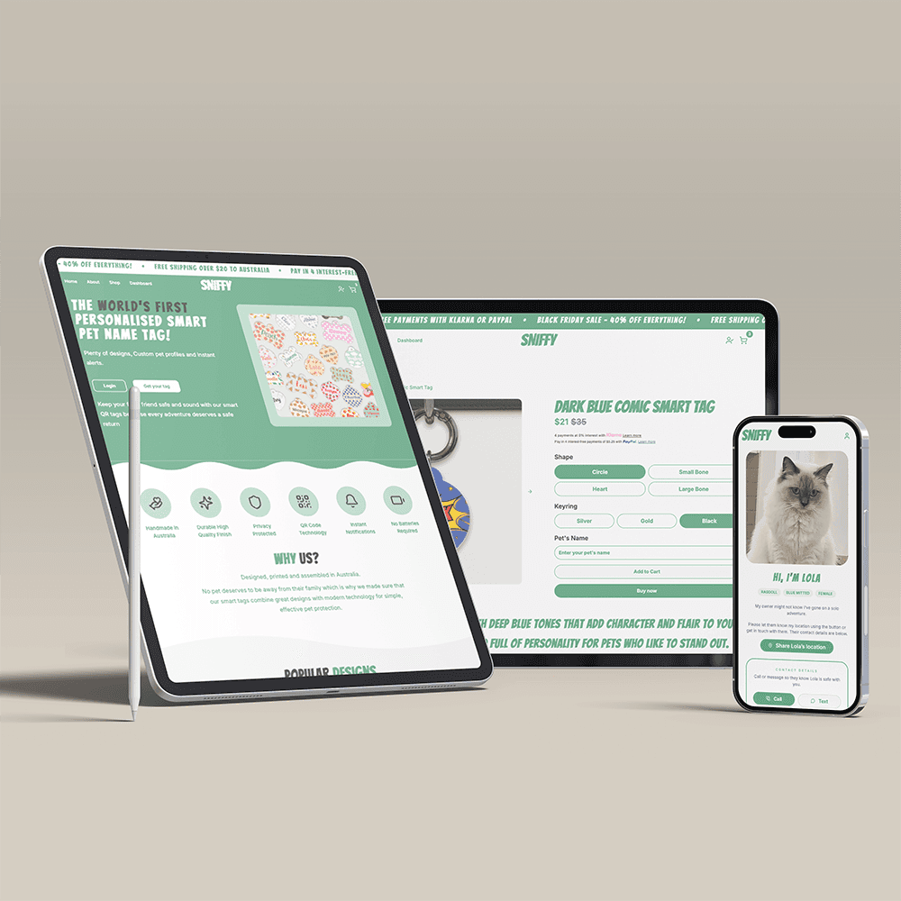 Mockup of Sniffy Home page on ipad, product page on ipad and pet profile on iphone