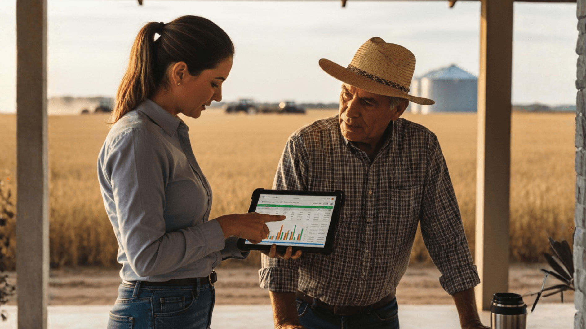 Contadora apresenta DRE em tablet para produtor rural na fazenda, analisando resultados financeiros da safra