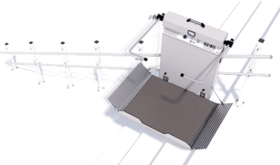 Elevate Glide incline platform lift travelling along the rail on a staircase, viewed from above showing platform and folding safety arms in transit