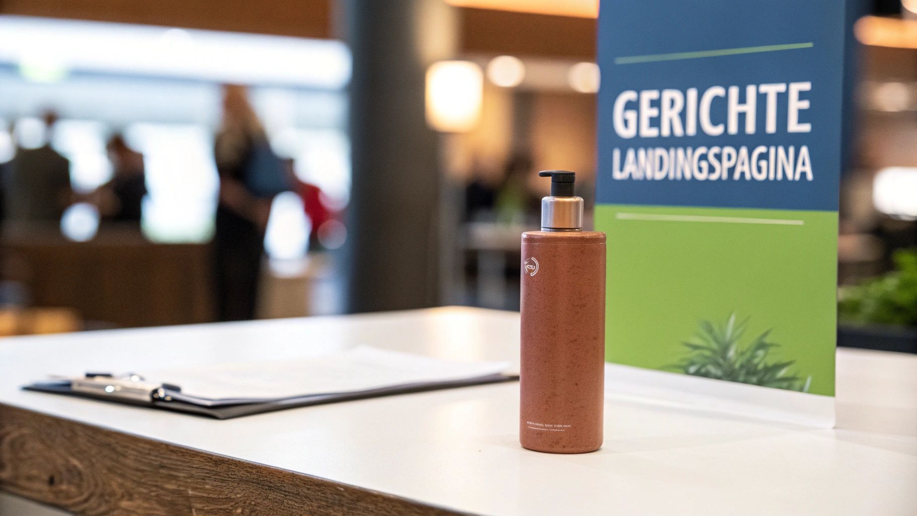 Een illustratie die een gefocuste landingspagina toont met een duidelijke call-to-action knop