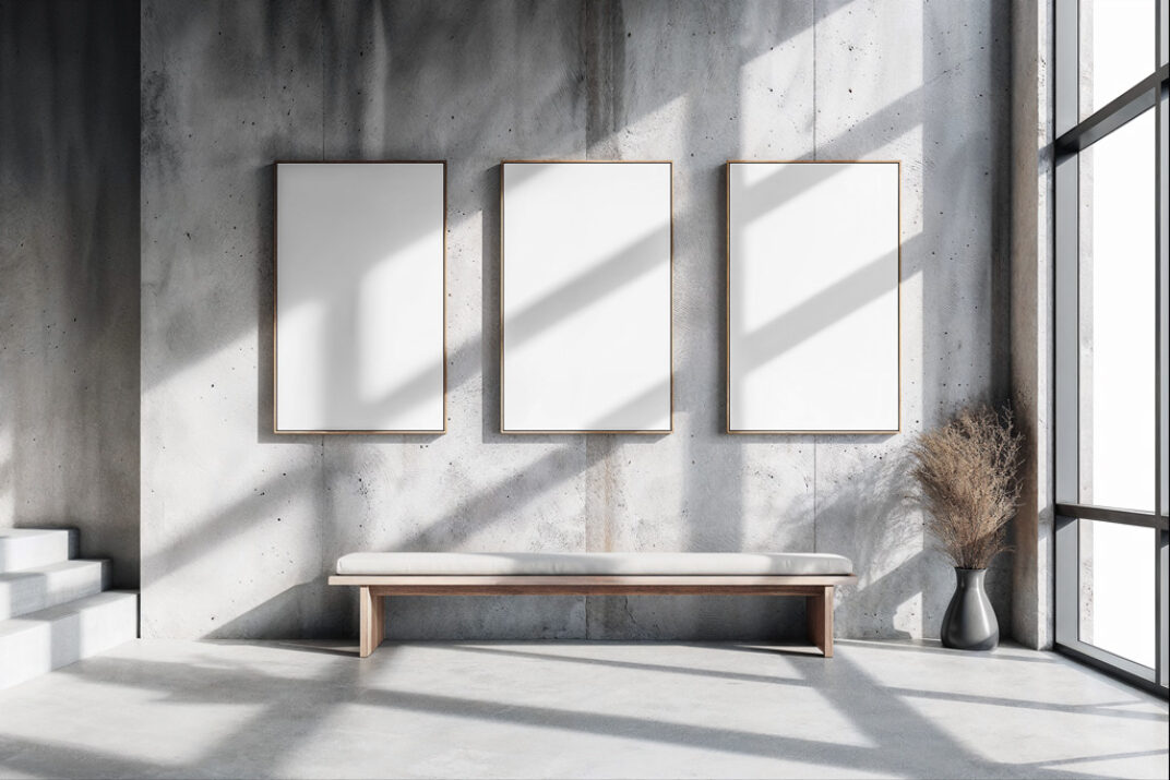 Minimalist gallery mockup featuring three vertical blank posters with wooden frames on a textured concrete wall. Below is a modern bench, illuminated by natural light from large windows. Perfect for artwork or branding.