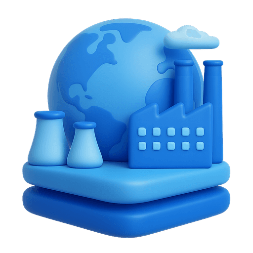 3D image of industries and a globe.