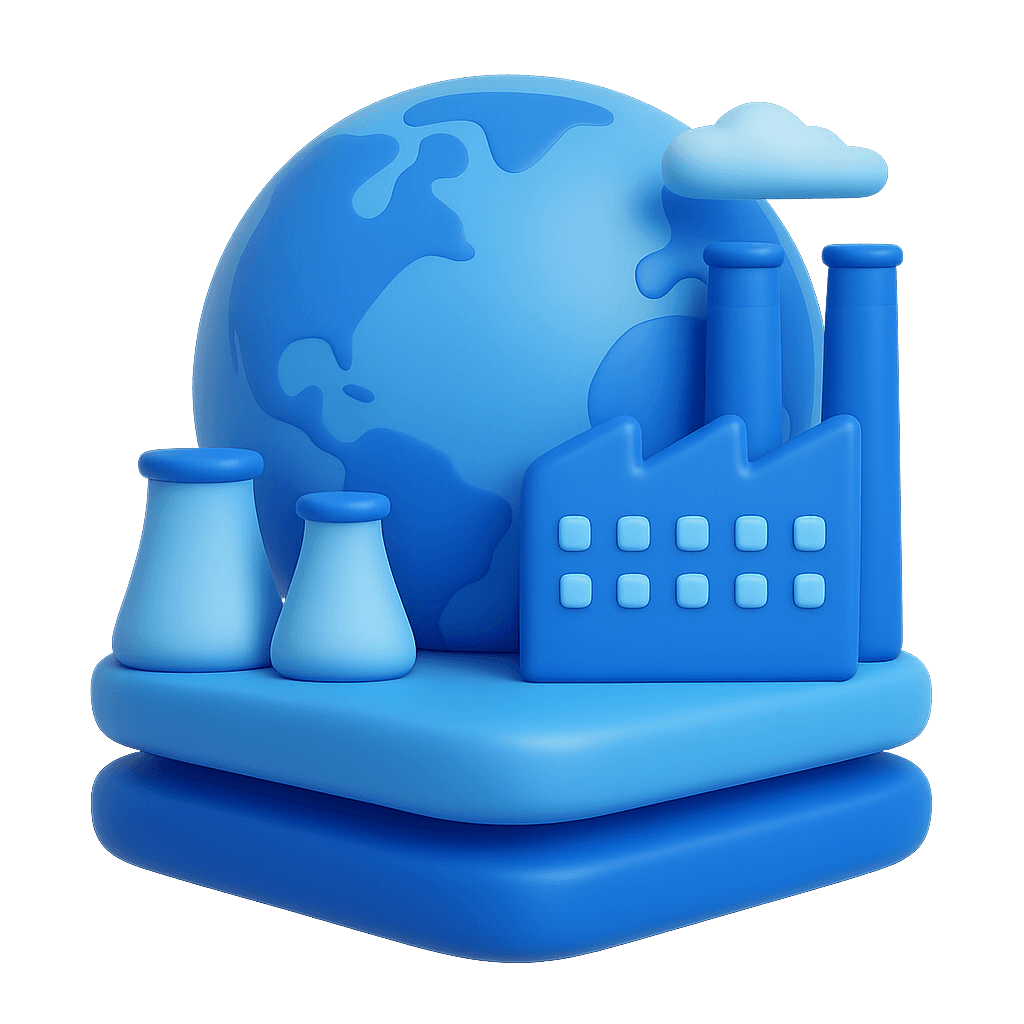 3D image of industries and a globe.
