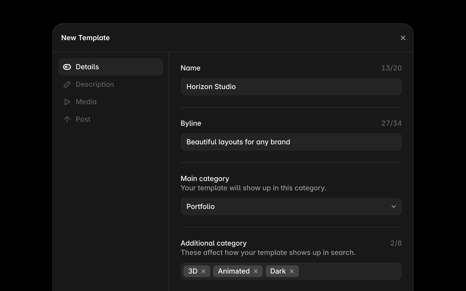 Framer Community template composer showing the submission form with fields for title, description, media, and payment settings