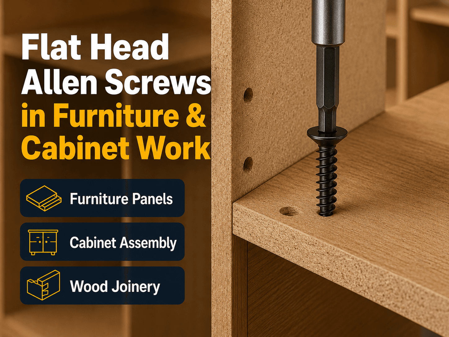 Flat head Allen screws used for furniture and cabinet assembly