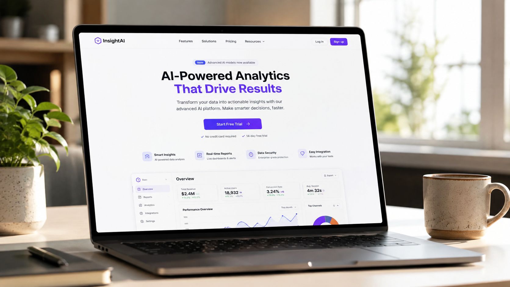 A modern laptop on a desk displaying a professional landing page for an AI-powered analytics platform.