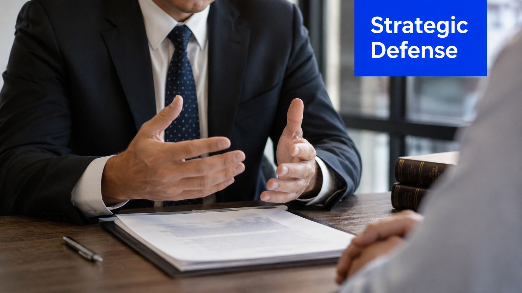 A professional lawyer in a suit discussing legal documents during a meeting with a client.