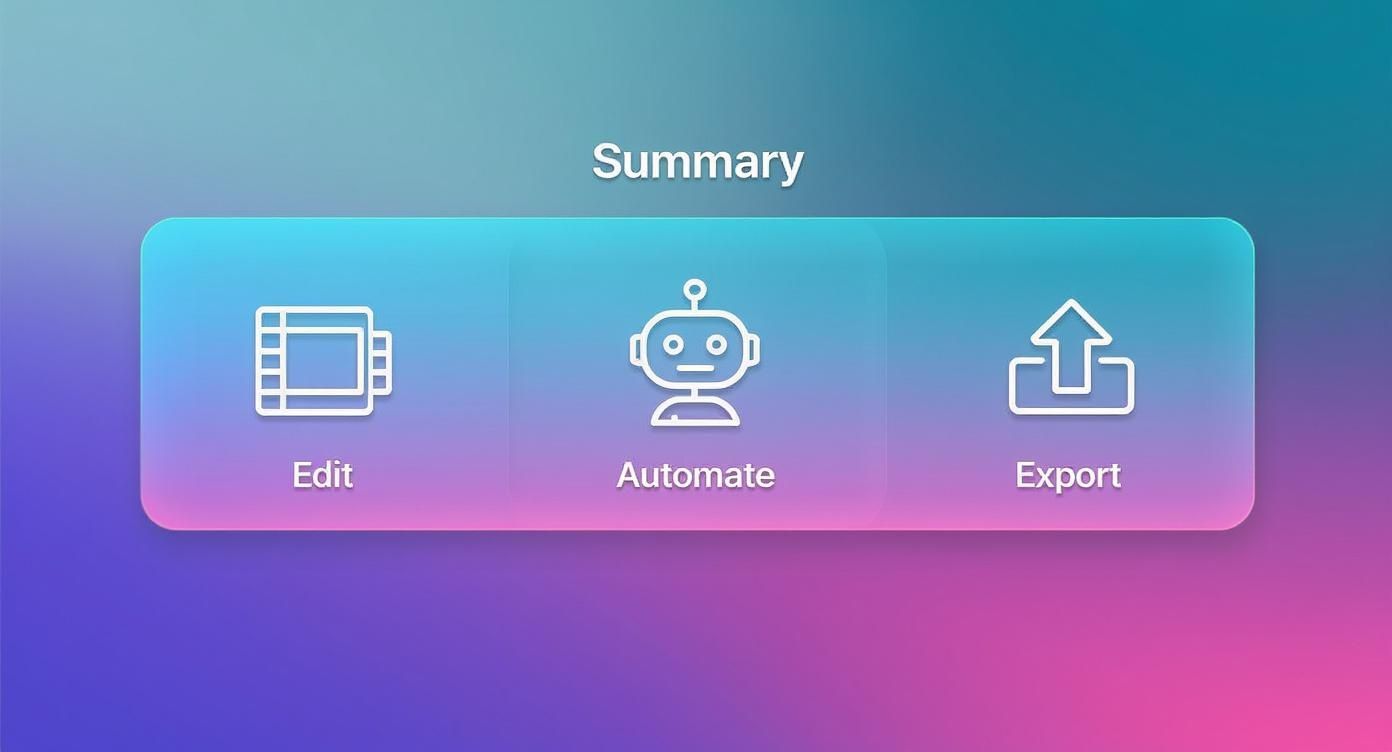 Three icons showing video editing, automation robot, and export upload workflow for creating product videos