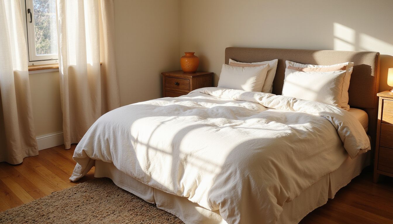 Cozy Airbnb bedroom with warm tones and inviting furnishings.