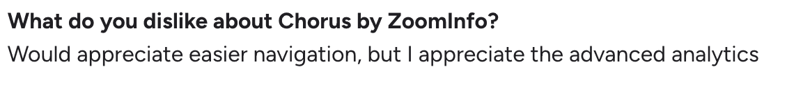 User review mentioning navigation challenges in Chorus by ZoomInfo