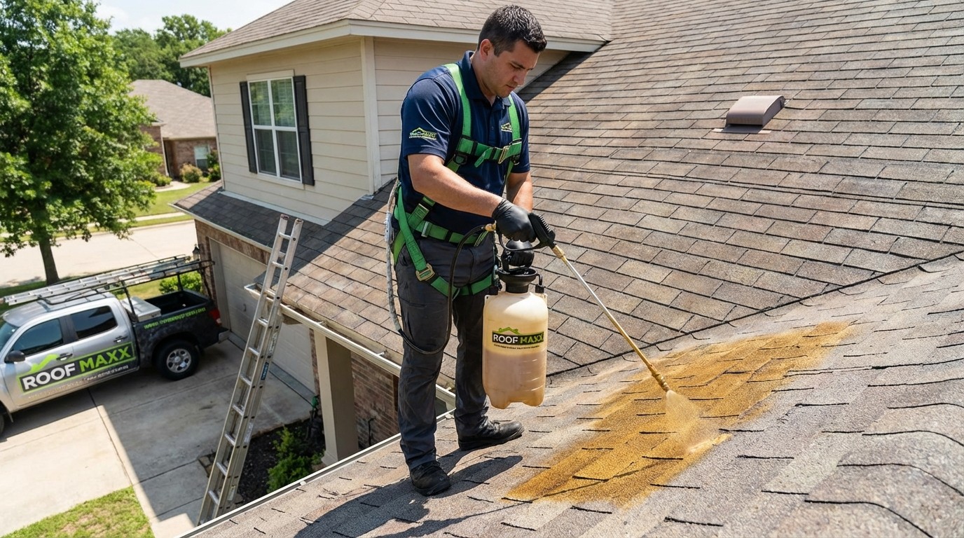 Roof Maxx treatment application showing dealer spraying bio-oil on asphalt shingles