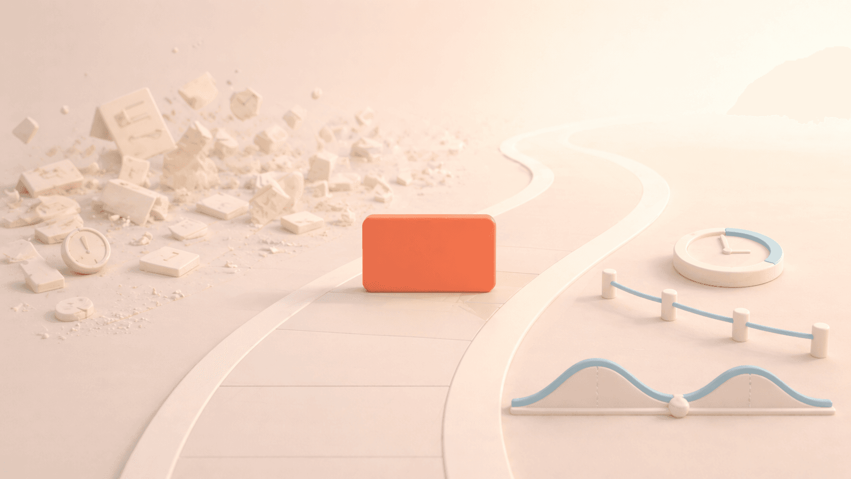 Minimalistische 3D-Illustration einer korallfarbenen Fokuskarte auf einem ruhigen, klaren Pfad, während im Hintergrund zerstreute, verblassende Aufgabenfragmente und Druckelemente Chaos und Überlastung symbolisieren; ergänzt durch dezente Zeit-, Energie- und Begrenzungssymbole, die für strukturierte, nachhaltige Produktivität stehen.