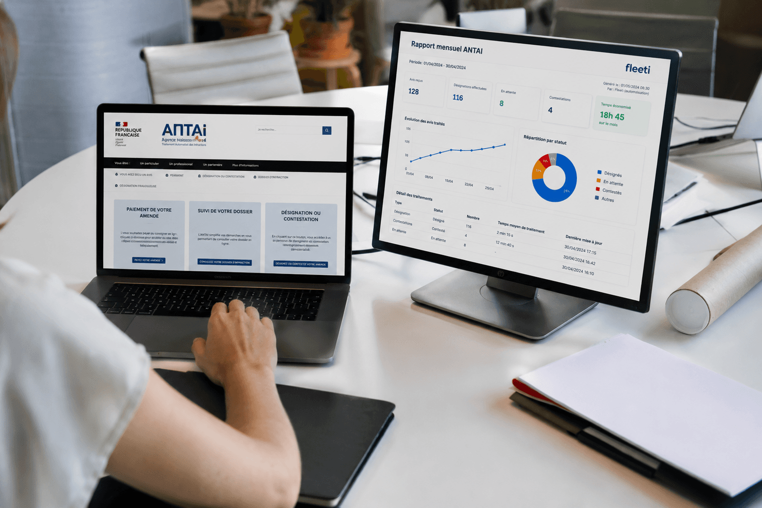 Workflow d'automatisation de tâches récurrentes de gestion de flotte par l'IA Fleeti : rapports mensuels, désignations ANTAI, relances d'entretien, soumis à validation avant exécution