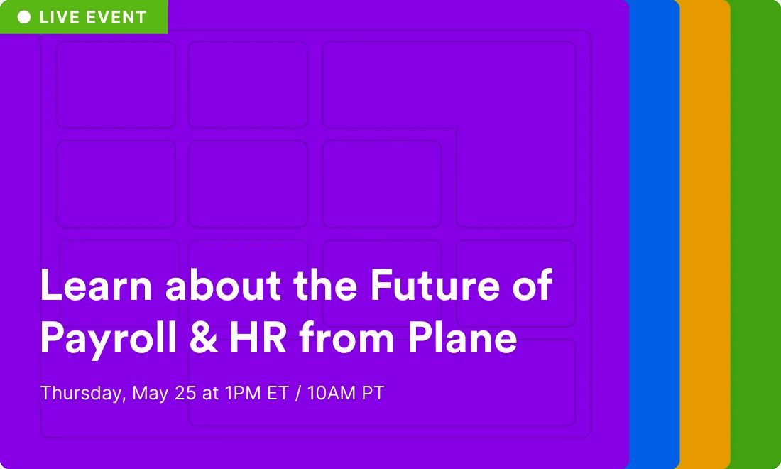 An image that says "Learn about the Future of Payroll & HR from Plane" with the event date and a "Live Event" label on a purple background, with blue, gold, and green vertical borders on the right.