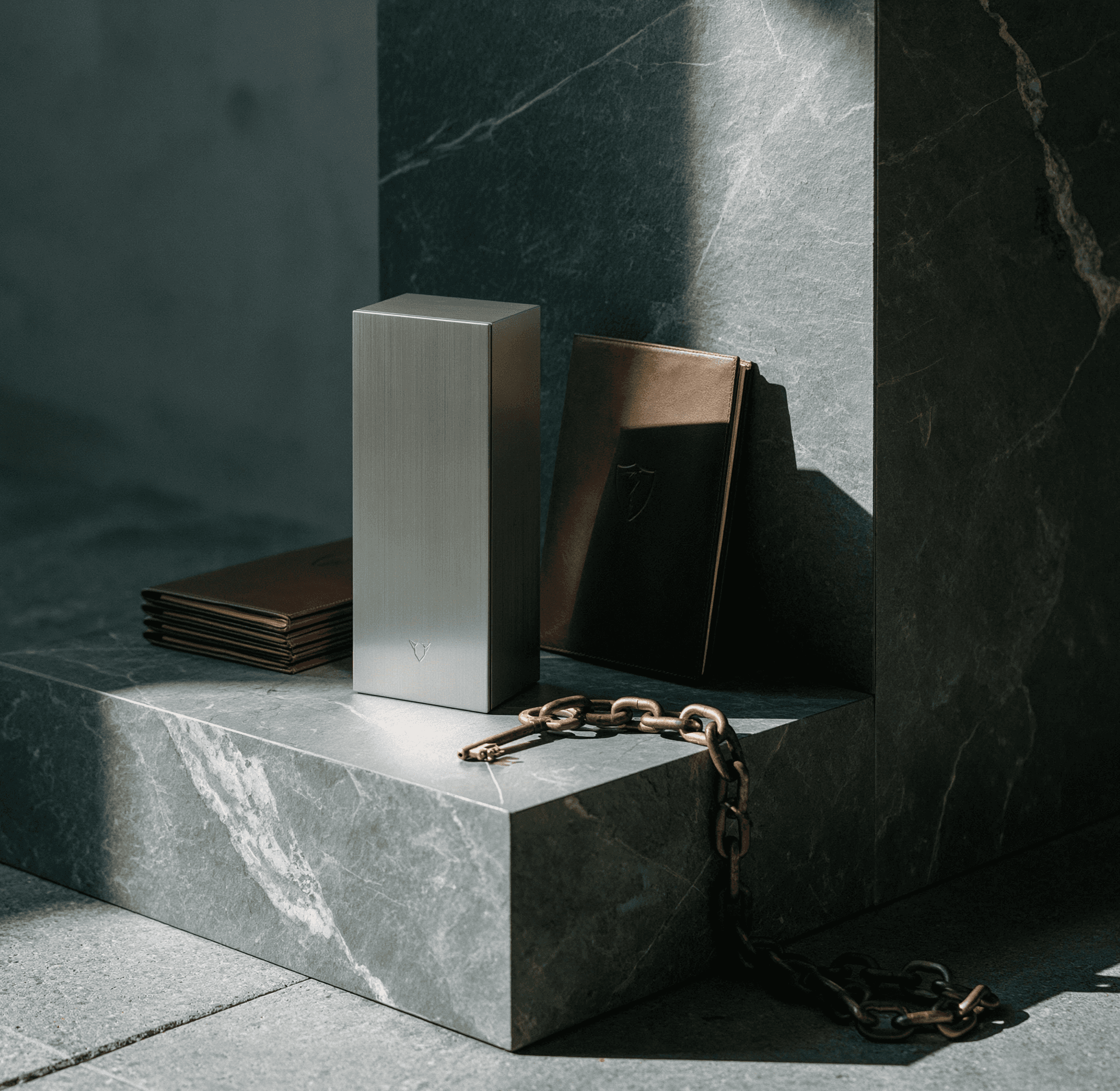 A brushed steel box, leather folders and a brass key on a chain on a grey marble plinth