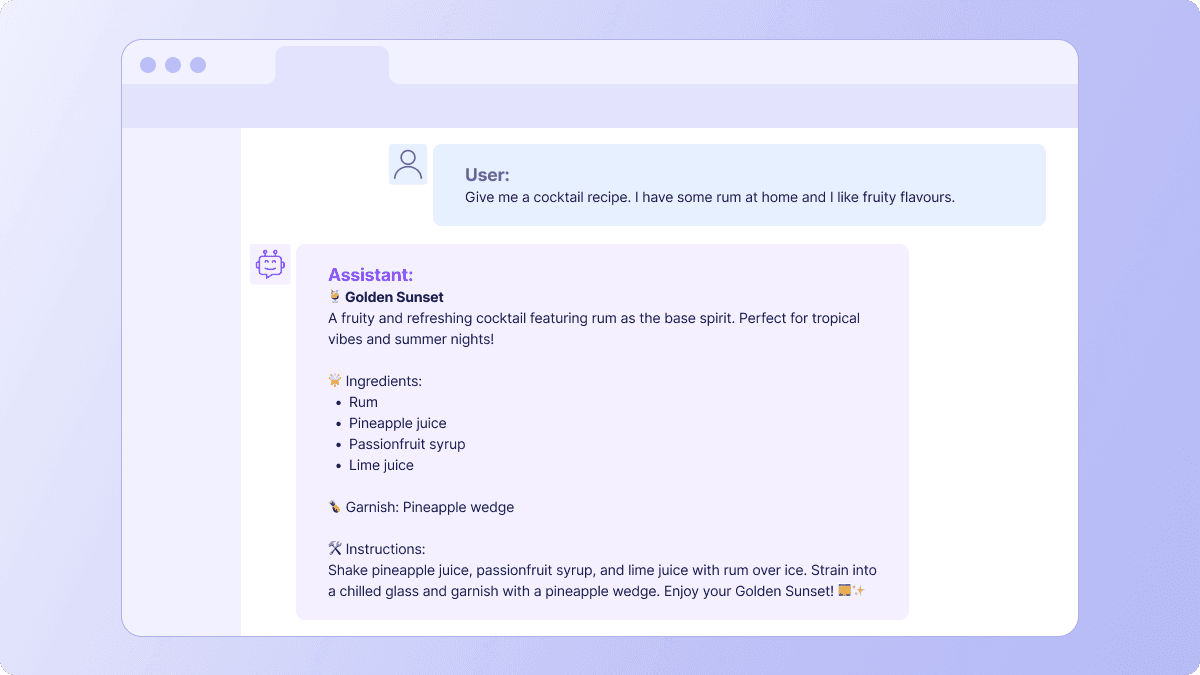 An AI app responds to a user’s prompt to create a cocktail recipe in natural language, informed by data from a function call.