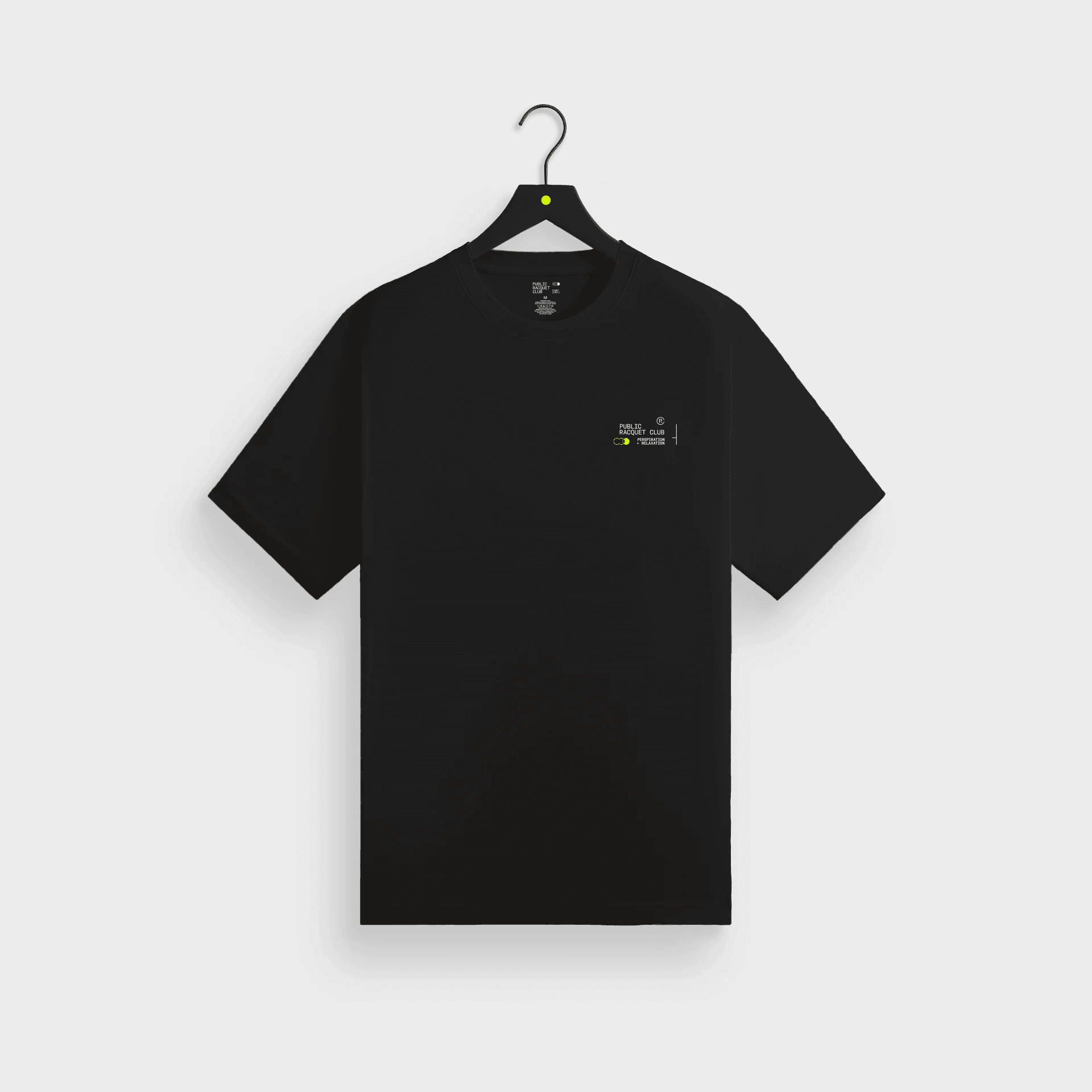 Black Public Racquet Club P&R Tee on a hanger with a small chest graphic.
