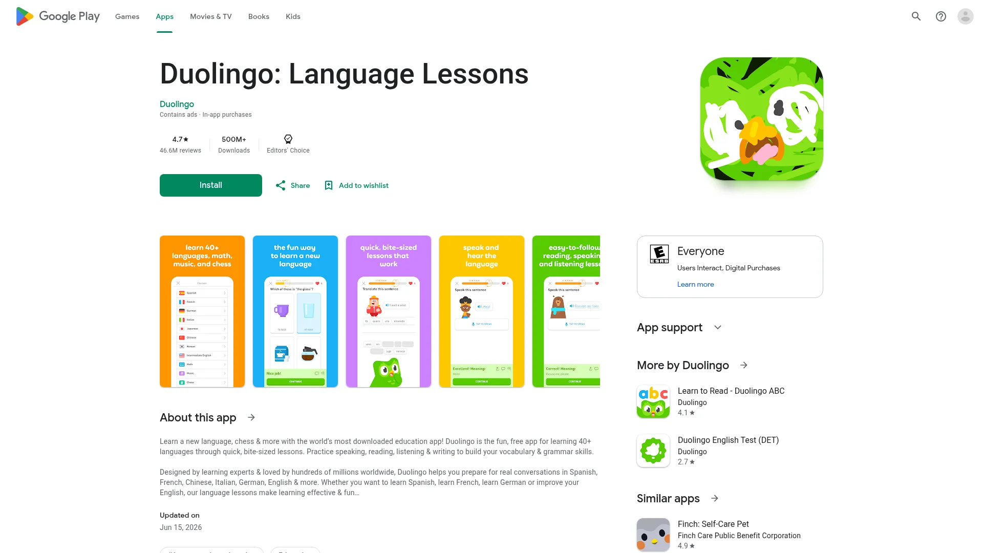 Real Google Play Store listing for the Duolingo app showing its screenshots and feature graphic